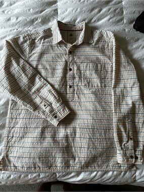 The Territory Ahead Men's Beige and Blue Striped Button-Down Shirt
